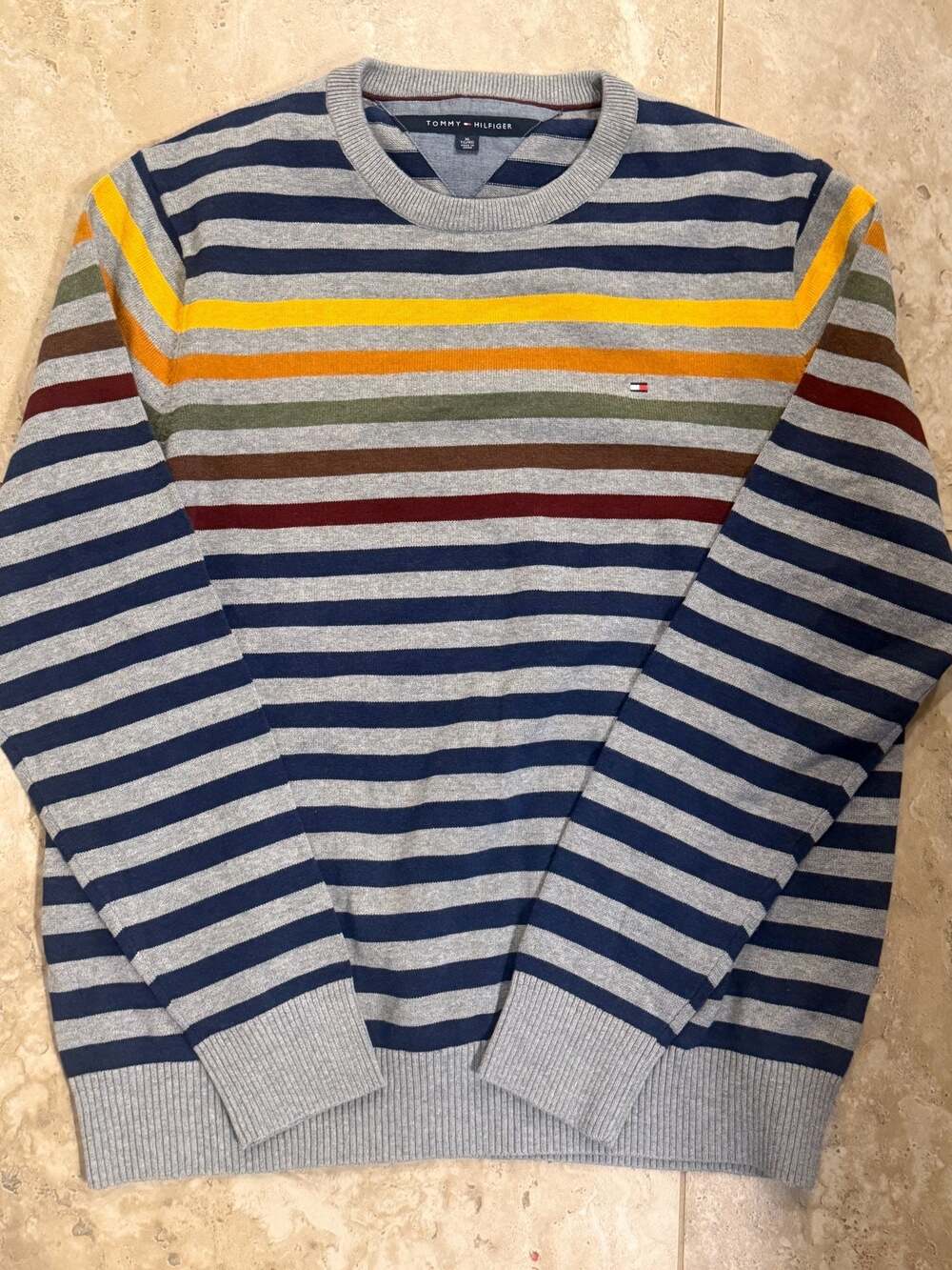 Tommy Hilfiger Men's Multi-Color Horizontal Striped Crewneck Pullover Sweater